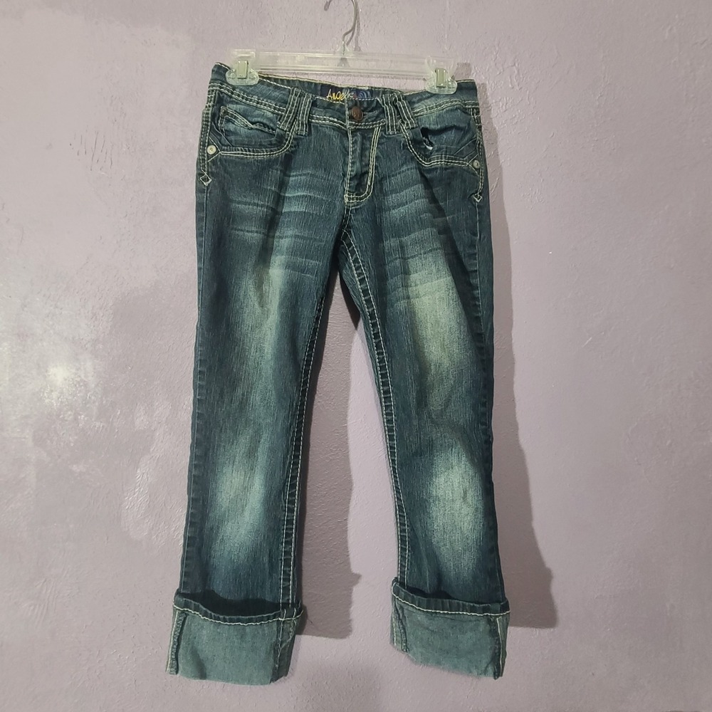 Angels Jeans Pants Women 5 Blue Y2K Embroidered Flap Pocket Contrast Stitch Low